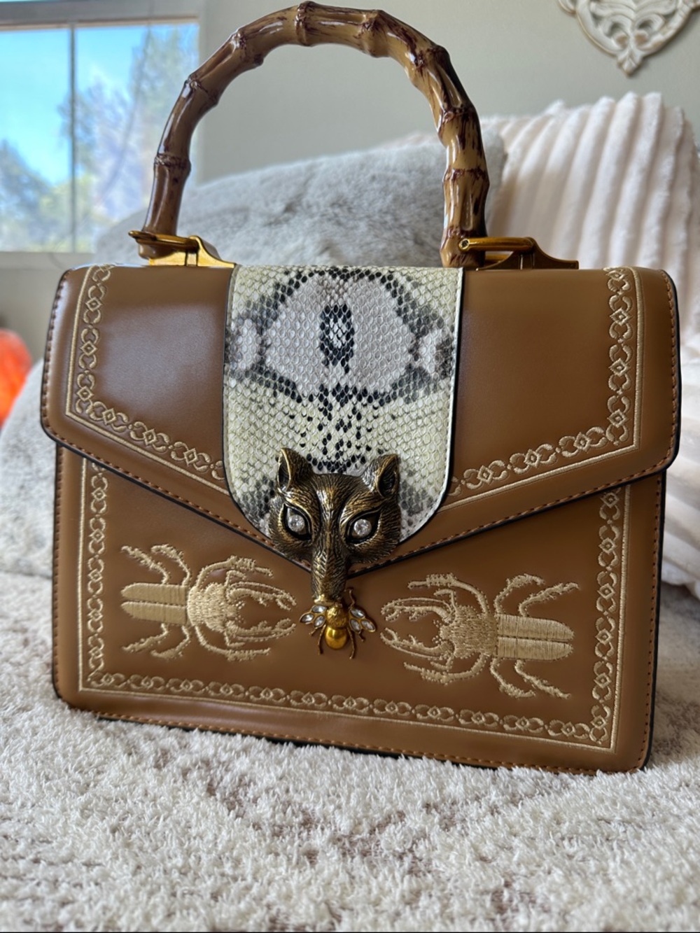 Statement Bamboo Handle Satchel Beetle Clasp Embroidered Bag Snake Luxe Boutique